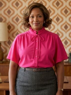 Vintage Alicia Hot Pink Ruffle Mock Neck Blouse 1970s Secretary Pussybow Top 42